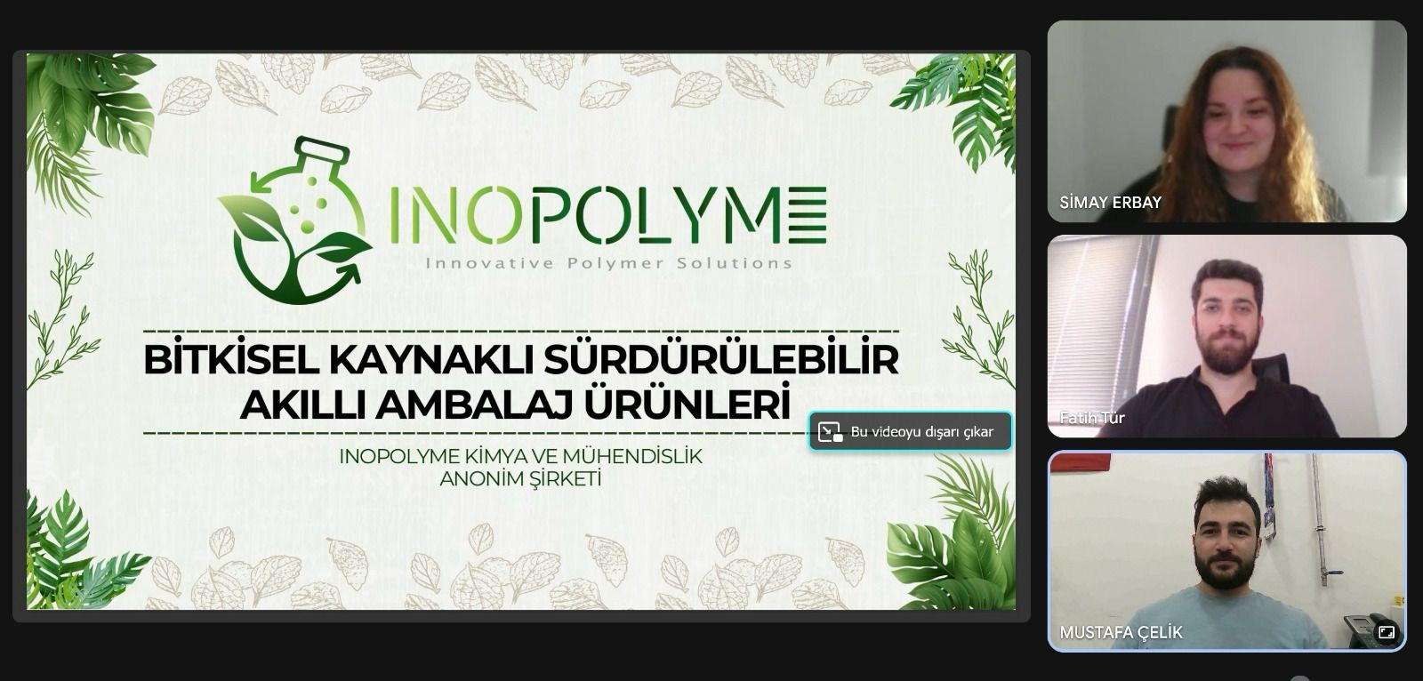 Bitkisel kaynaklı sürdürülebilir akıllı ambalaj ürünlerini tanıtan INOPOLYME sunumu ve çevrim içi katılımcılar.