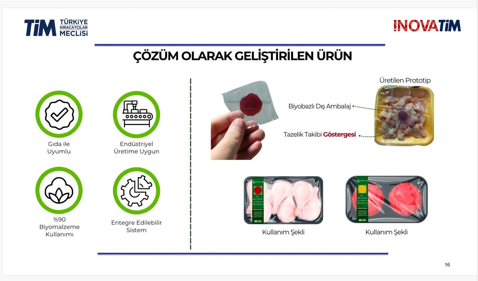 Tazelik göstergeli ambalaj prototipi, elde tutulan gösterge ve gıda ambalajı kullanım örnekleri.