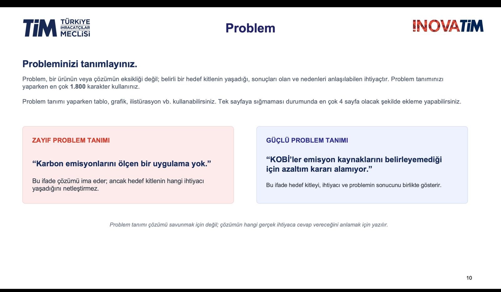 Zayıf ve güçlü problem tanımlarını karşılaştıran İnovaTİM eğitim slaydı.
