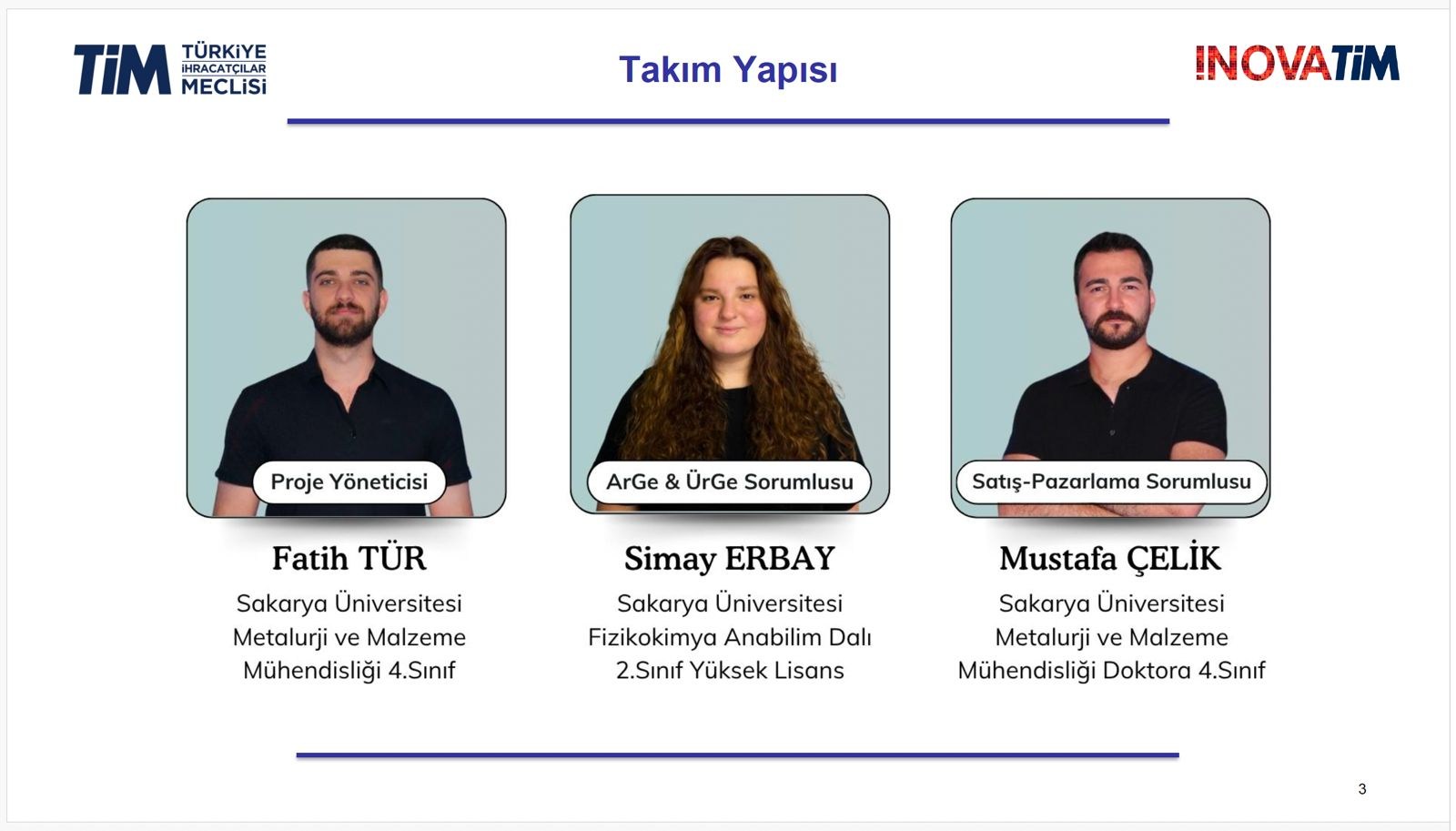 Proje yöneticisi, Ar-Ge ve Ür-Ge sorumlusu ile satış-pazarlama sorumlusunu gösteren takım yapısı slaydı.